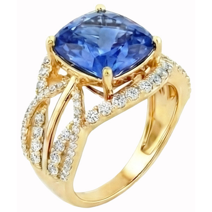 6.01 Ct. Cushion Sri Lanka Blue Sapphire And Natural Earth Mined Diamonds Yellow Gold 14K