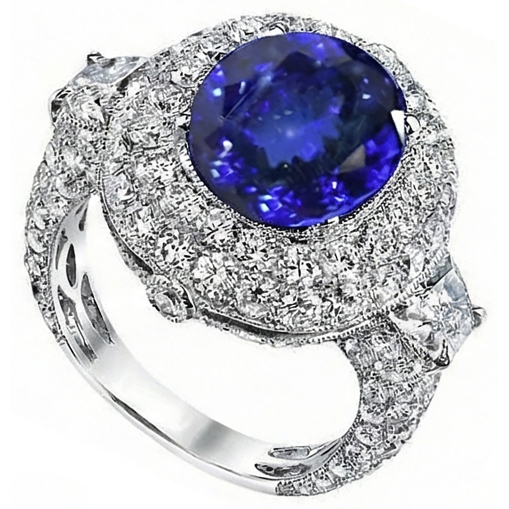 6.01 Ct Tanzanite Oval And Natural Earth Mined Diamonds Ring White Gold 14K