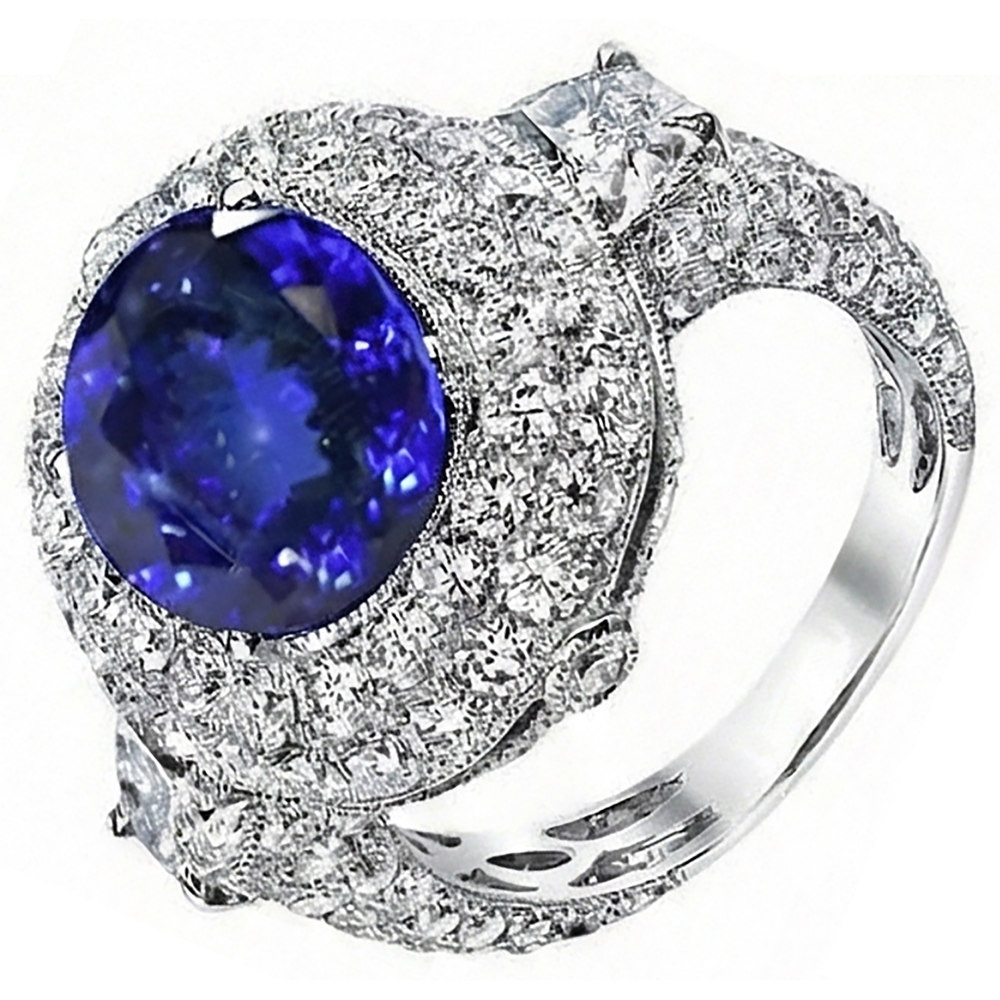 6.01 Ct Tanzanite Oval And Natural Earth Mined Diamonds Ring White Gold 14K