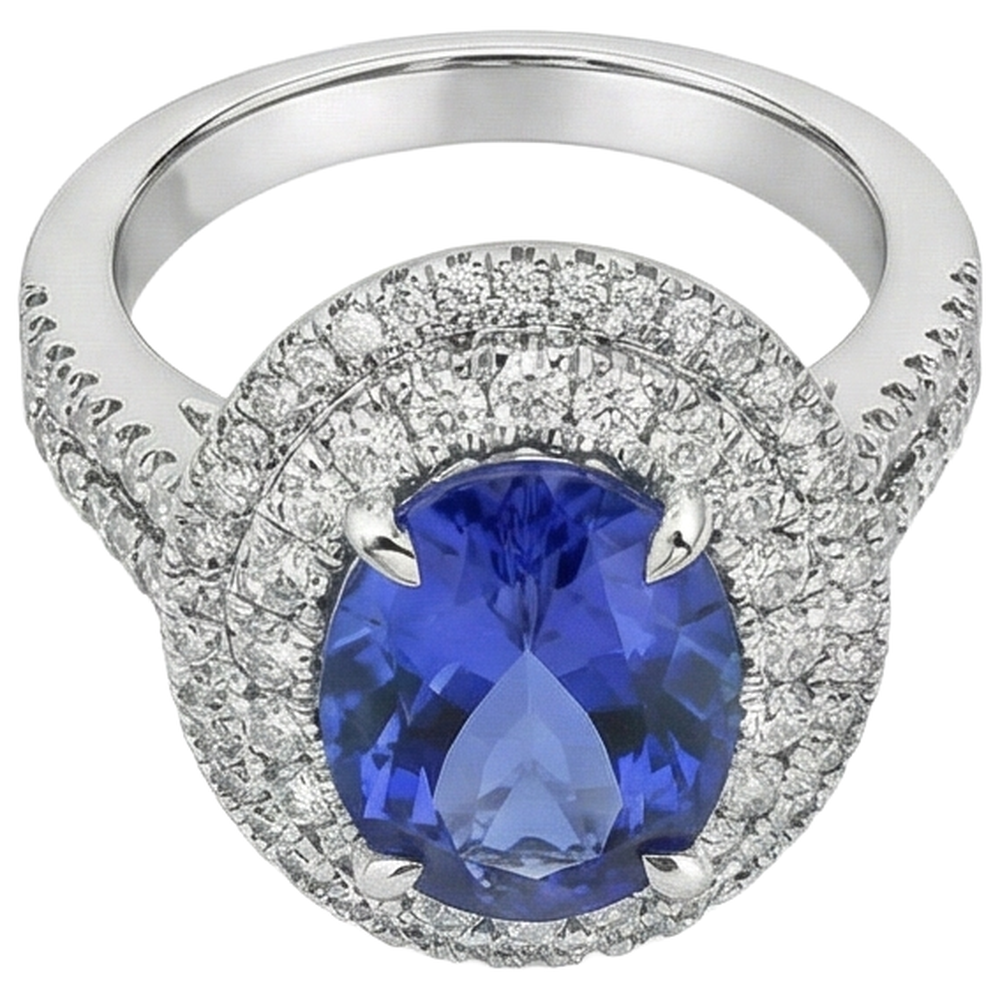 6.15 Carats Oval Tanzanite And Natural Earth Mined Diamonds Wedding Ring White Gold 14K