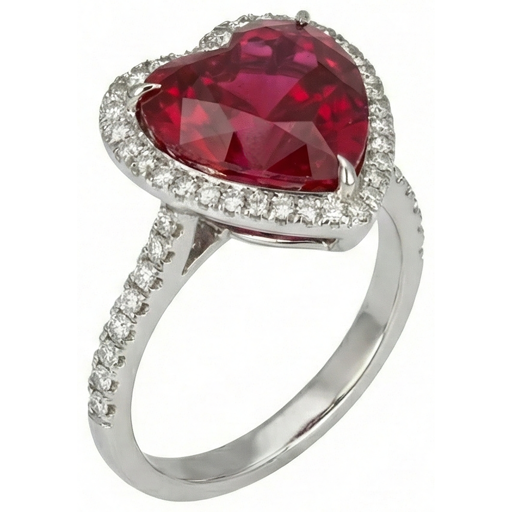 6.25 Carats Heart Cut Ruby Gemstone And Natural Earth Mined Diamond Ring White Gold 14K