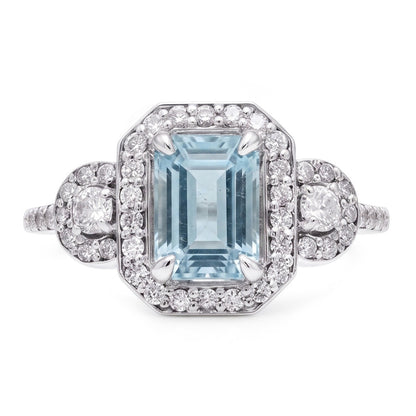 6.25 Ct Emerald Cut Aquamarine And Small Natural Earth Mined Diamonds Ring White Gold
