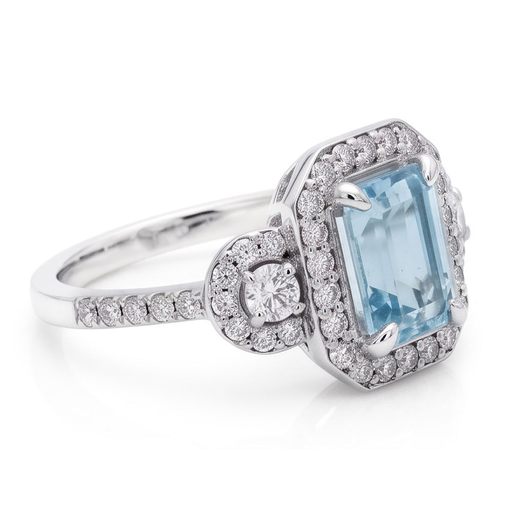 6.25 Ct Emerald Cut Aquamarine And Small Natural Earth Mined Diamonds Ring White Gold