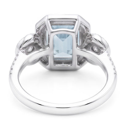 6.25 Ct Emerald Cut Aquamarine And Small Natural Earth Mined Diamonds Ring White Gold