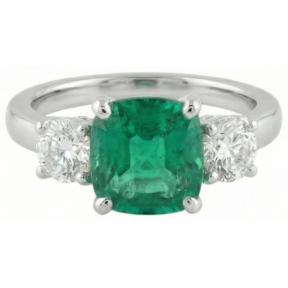 6.50 Carats Green Emerald GIA & Natural Earth Mined Diamond 3 Stone Ring White Gold 14K