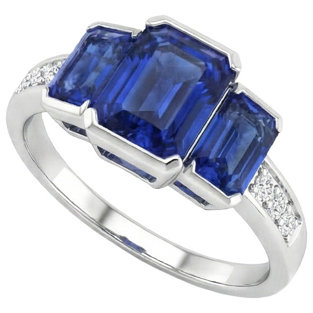 6.51 Ct 3-Stone Gold Anniversary Ring Sri Lankan Sapphire Natural Earth Mined Diamonds