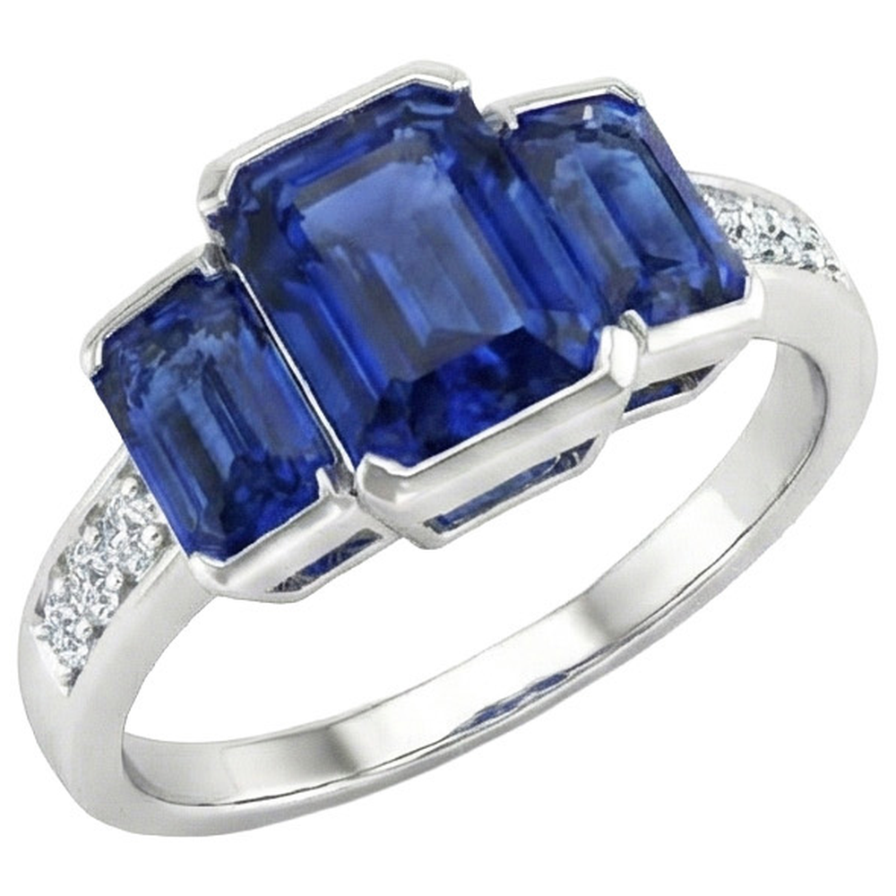6.51 Ct 3-Stone Gold Anniversary Ring Sri Lankan Sapphire Natural Earth Mined Diamonds