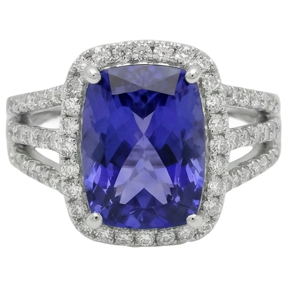 6.55 Carats Fancy Ring Cushion AAA Tanzanite And Natural Earth Mined Diamonds Jewelry