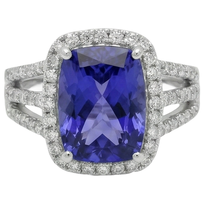 6.55 Carats Fancy Ring Cushion AAA Tanzanite And Natural Earth Mined Diamonds Jewelry
