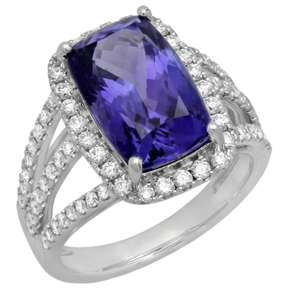 6.55 Carats Fancy Ring Cushion AAA Tanzanite And Natural Earth Mined Diamonds Jewelry