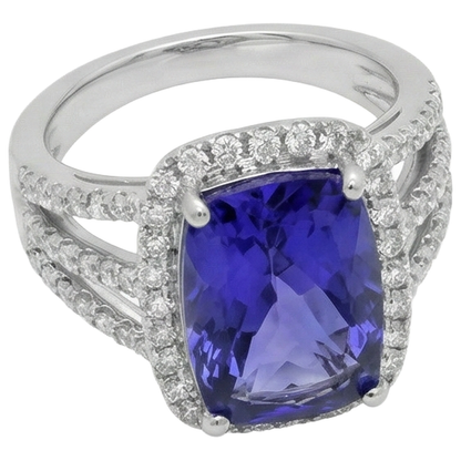6.55 Carats Fancy Ring Cushion AAA Tanzanite And Natural Earth Mined Diamonds Jewelry