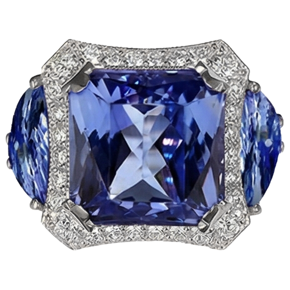 6.75 Carat Radiant Tanzanite And Round Natural Earth Mined Diamonds Fancy Statement Ring Gold