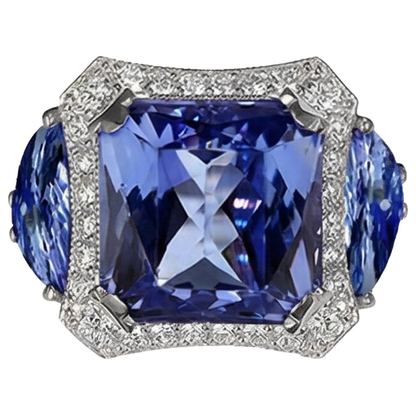 6.75 Carat Radiant Tanzanite And Round Natural Earth Mined Diamonds Fancy Statement Ring Gold
