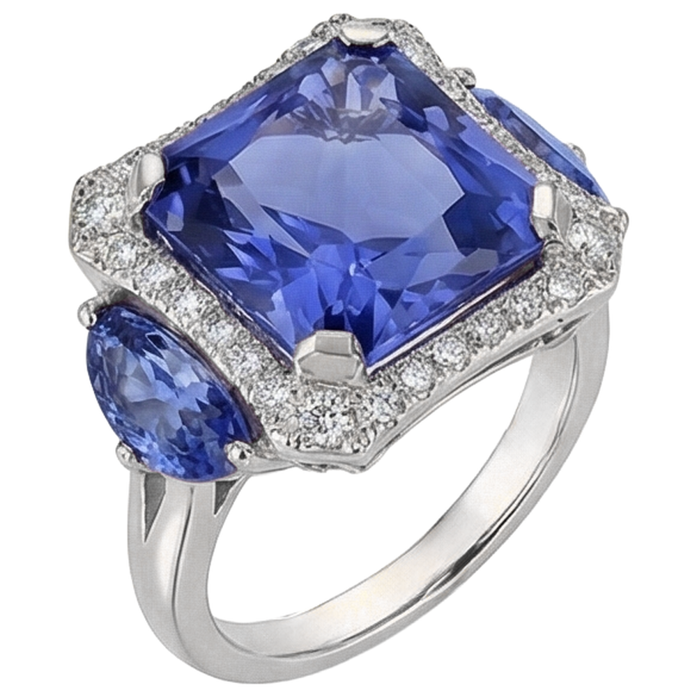 6.75 Carat Radiant Tanzanite And Round Natural Earth Mined Diamonds Fancy Statement Ring Gold