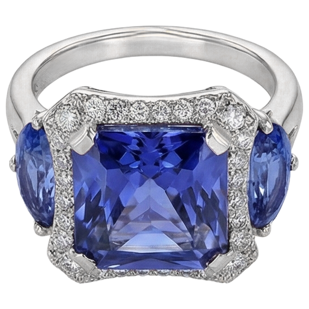 6.75 Carat Radiant Tanzanite And Round Natural Earth Mined Diamonds Fancy Statement Ring Gold