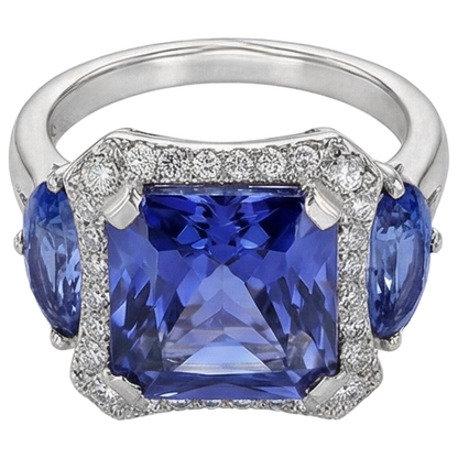 6.75 Carat Radiant Tanzanite And Round Natural Earth Mined Diamonds Fancy Statement Ring Gold