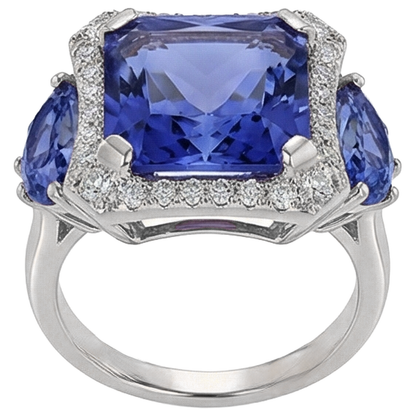 6.75 Carat Radiant Tanzanite And Round Natural Earth Mined Diamonds Fancy Statement Ring Gold