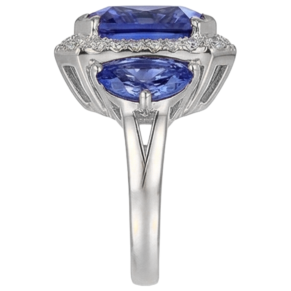 6.75 Carat Radiant Tanzanite And Round Natural Earth Mined Diamonds Fancy Statement Ring Gold