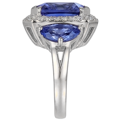6.75 Carat Radiant Tanzanite And Round Natural Earth Mined Diamonds Fancy Statement Ring Gold