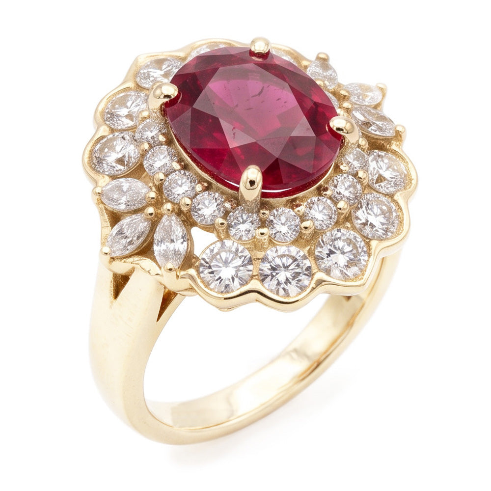 6.75 Carats Red Tourmaline And White Natural Earth Mined Diamonds Ring Yellow Gold 14K