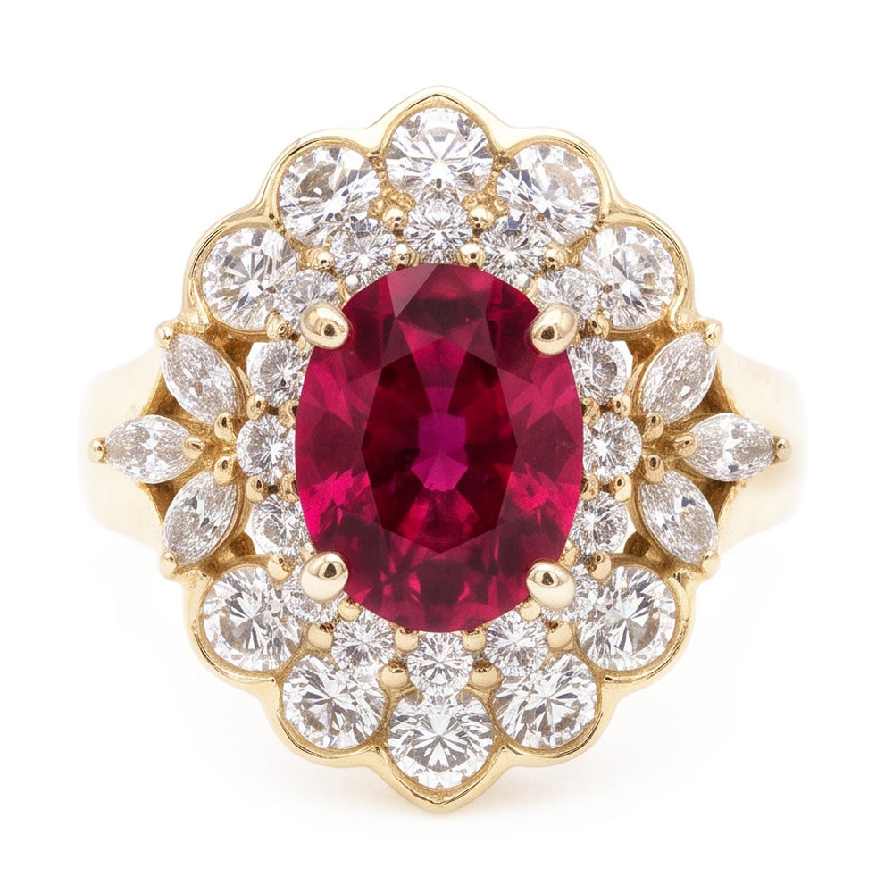 6.75 Carats Red Tourmaline And White Natural Earth Mined Diamonds Ring Yellow Gold 14K