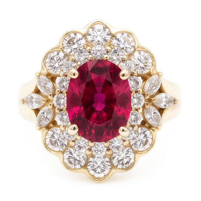6.75 Carats Red Tourmaline And White Natural Earth Mined Diamonds Ring Yellow Gold 14K