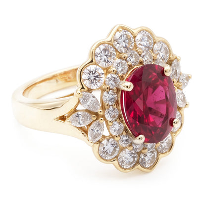 6.75 Carats Red Tourmaline And White Natural Earth Mined Diamonds Ring Yellow Gold 14K