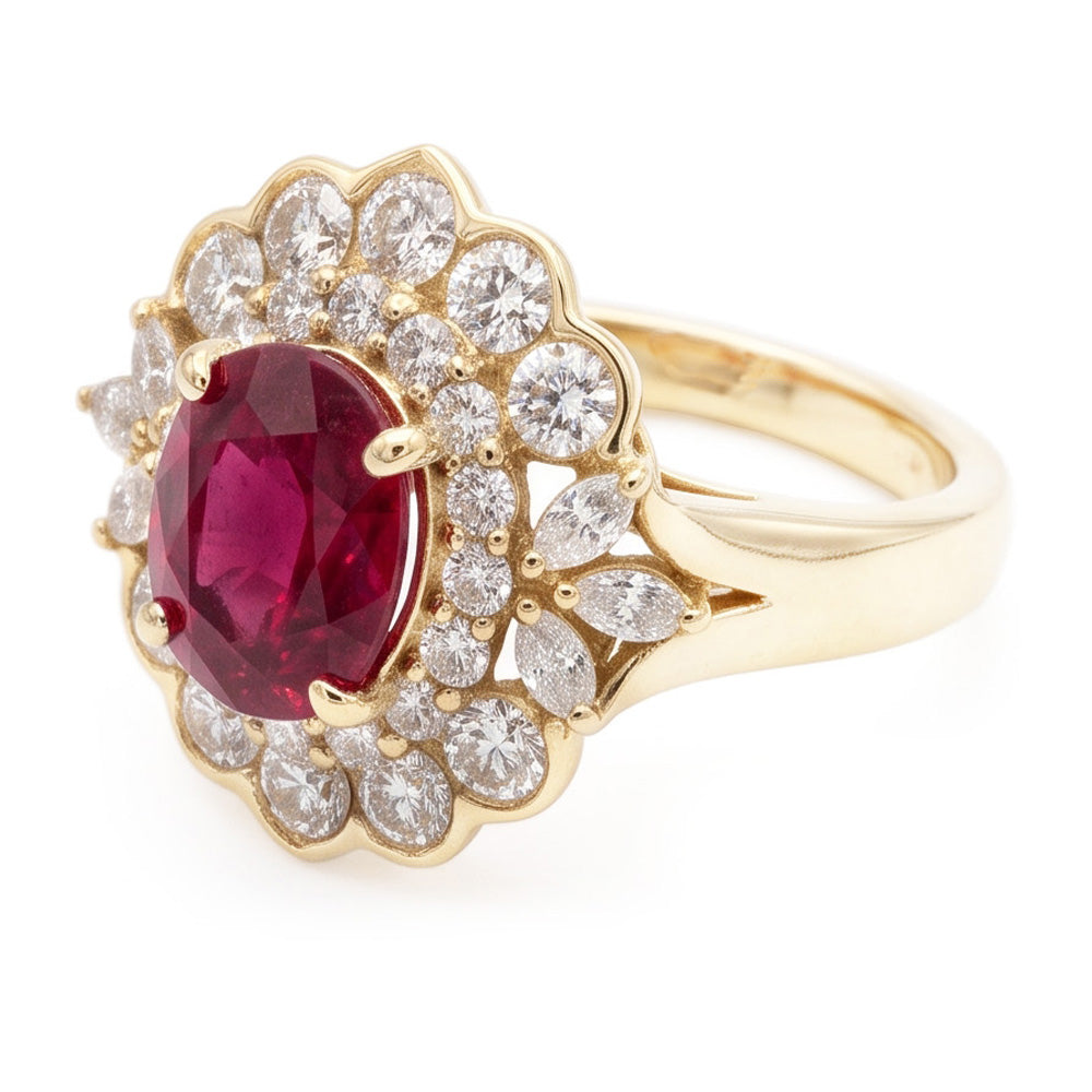 6.75 Carats Red Tourmaline And White Natural Earth Mined Diamonds Ring Yellow Gold 14K