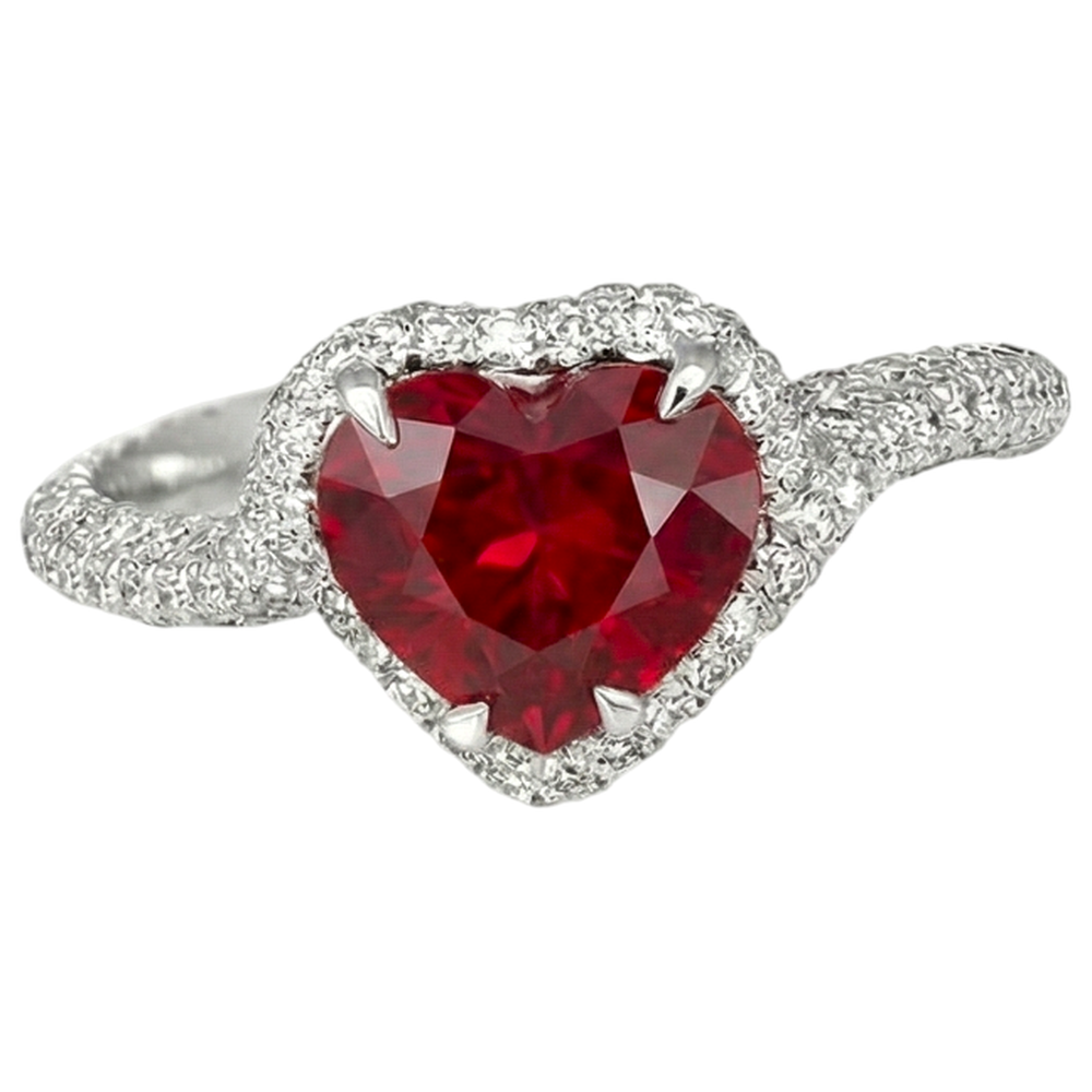 6.75 Ct Red Ruby IGI CERTIFIED Heart Shape With Diamond Ring Gold 14K