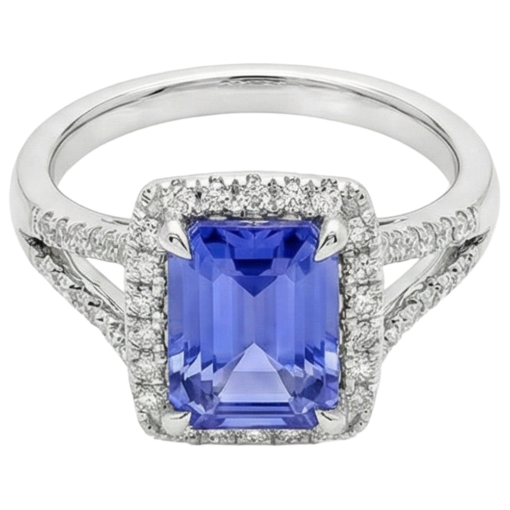 6.85 Ct Blue Tanzanite With Natural Earth Mined Diamonds Ring Gold White 14K