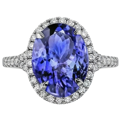 6.85 Ct Tanzanite With Halo Natural Earth Mined Diamonds Ring White Gold 14K