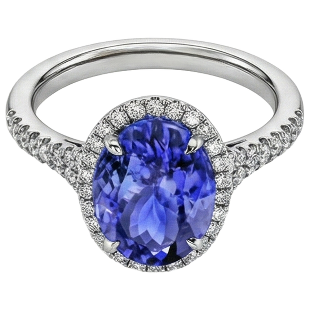 6.85 Ct Tanzanite With Halo Natural Earth Mined Diamonds Ring White Gold 14K