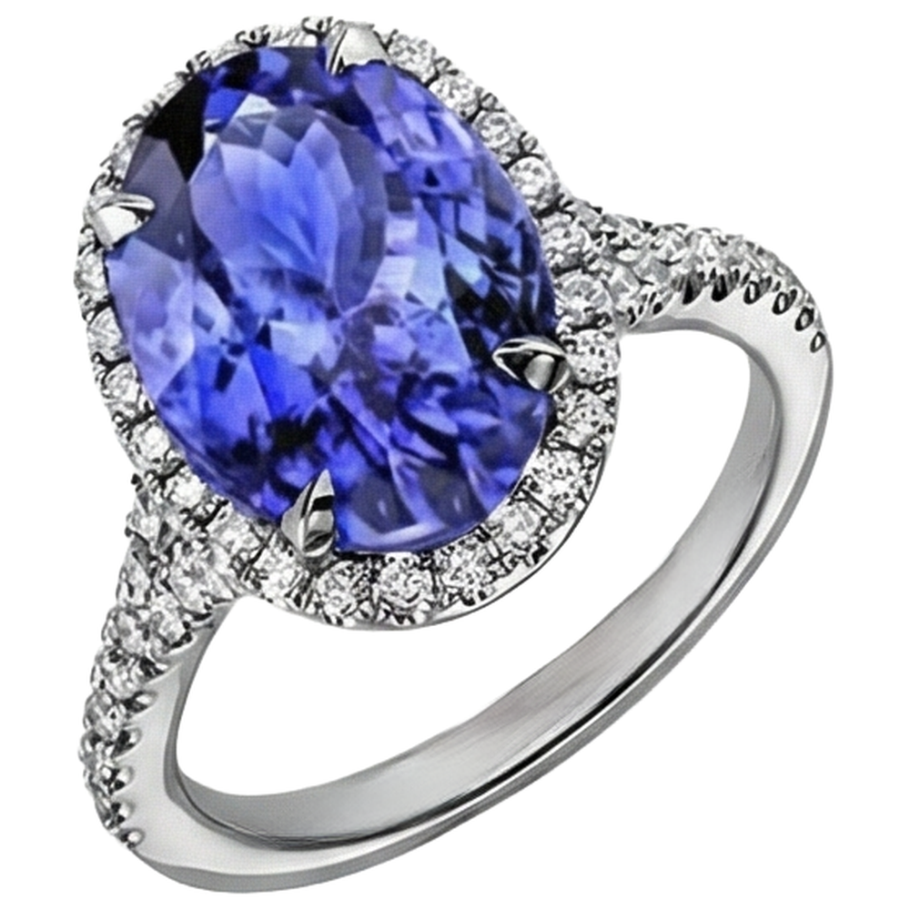 6.85 Ct Tanzanite With Halo Natural Earth Mined Diamonds Ring White Gold 14K