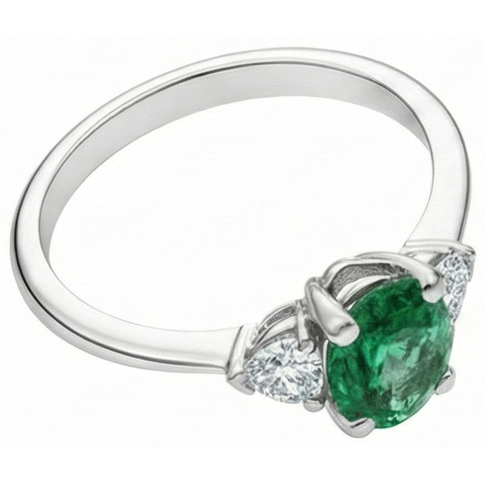 6 Carats Three Stone Green Emerald GIA And Natural Earth Mined Diamonds Ring 14K White Gold