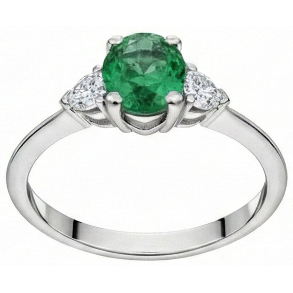 6 Carats Three Stone Green Emerald GIA And Natural Earth Mined Diamonds Ring 14K White Gold
