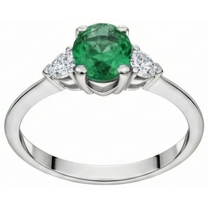 6 Carats Three Stone Green Emerald GIA And Natural Earth Mined Diamonds Ring 14K White Gold