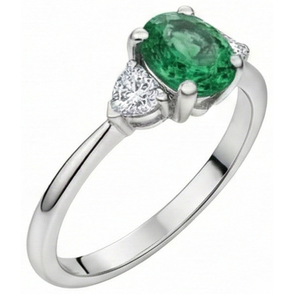 6 Carats Three Stone Green Emerald GIA And Natural Earth Mined Diamonds Ring 14K White Gold