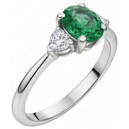 6 Carats Three Stone Green Emerald GIA And Natural Earth Mined Diamonds Ring 14K White Gold