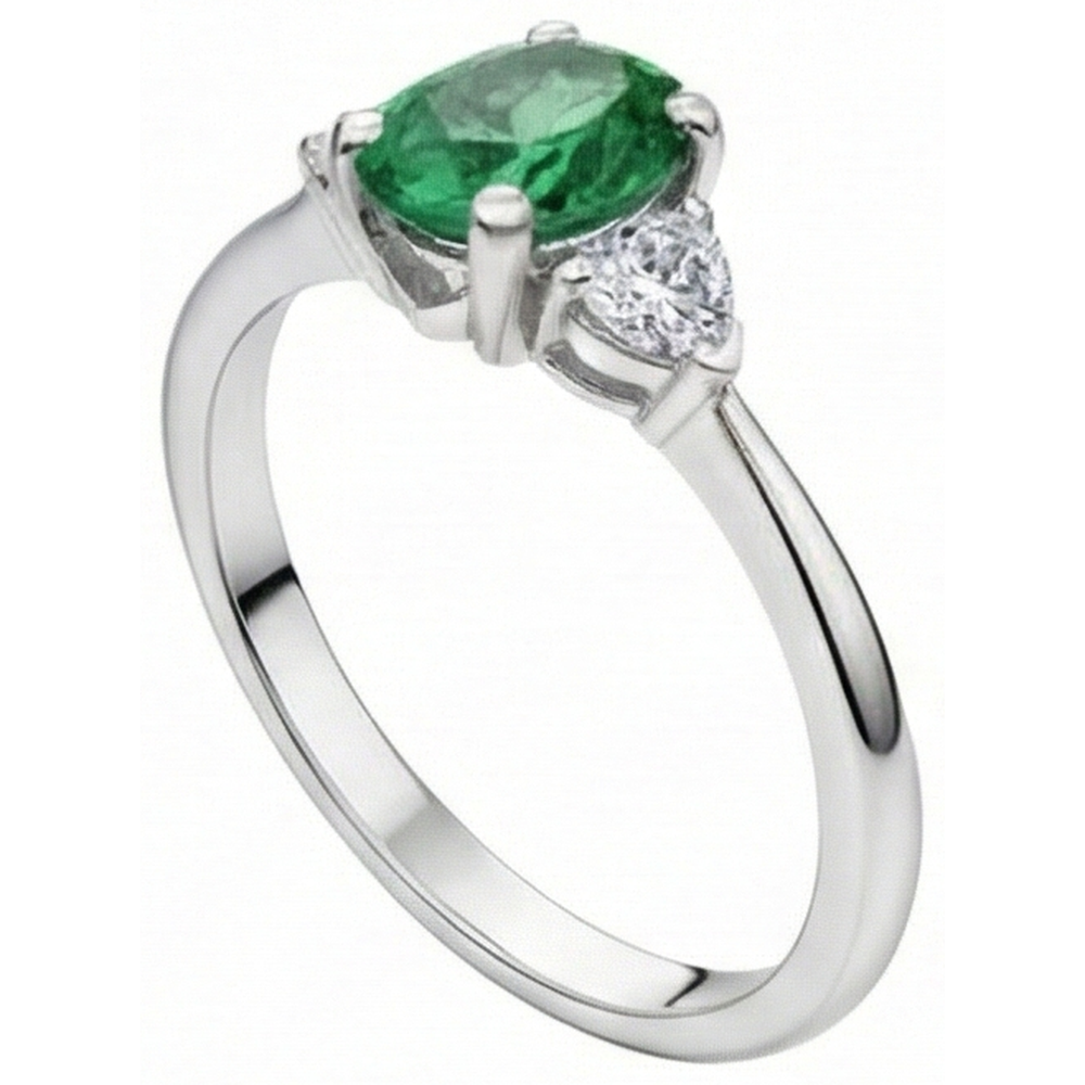 6 Carats Three Stone Green Emerald GIA And Natural Earth Mined Diamonds Ring 14K White Gold