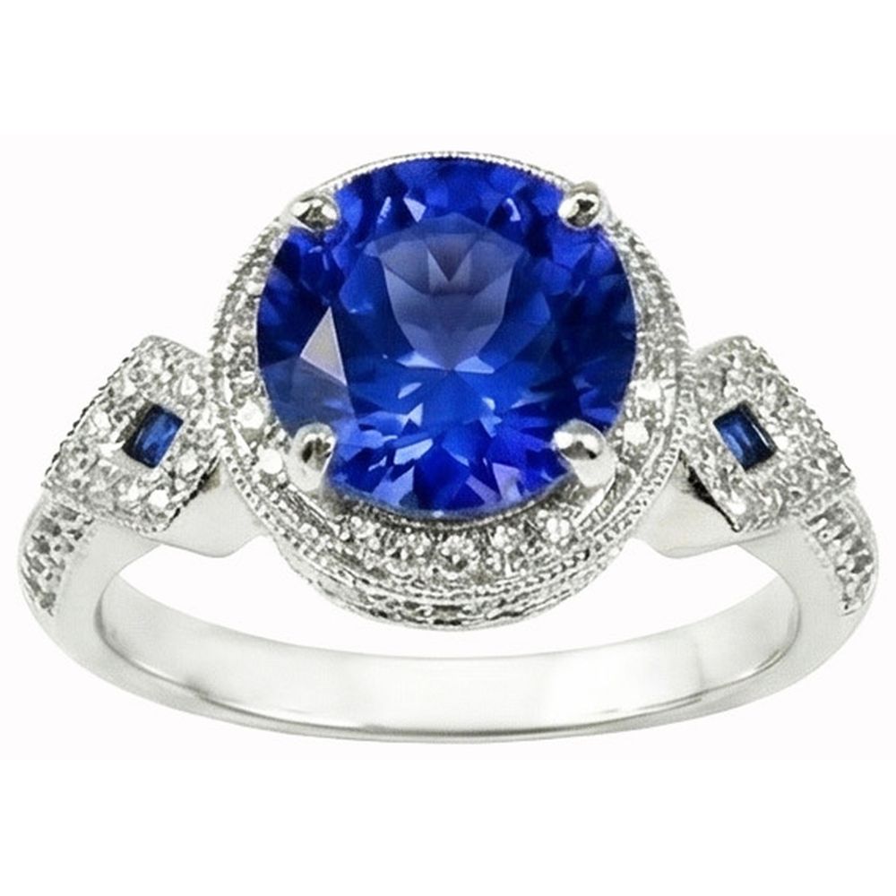 6 Ct Round Genuine Sri Lanka Sapphire And Natural Earth Mined Diamonds White Gold 14K