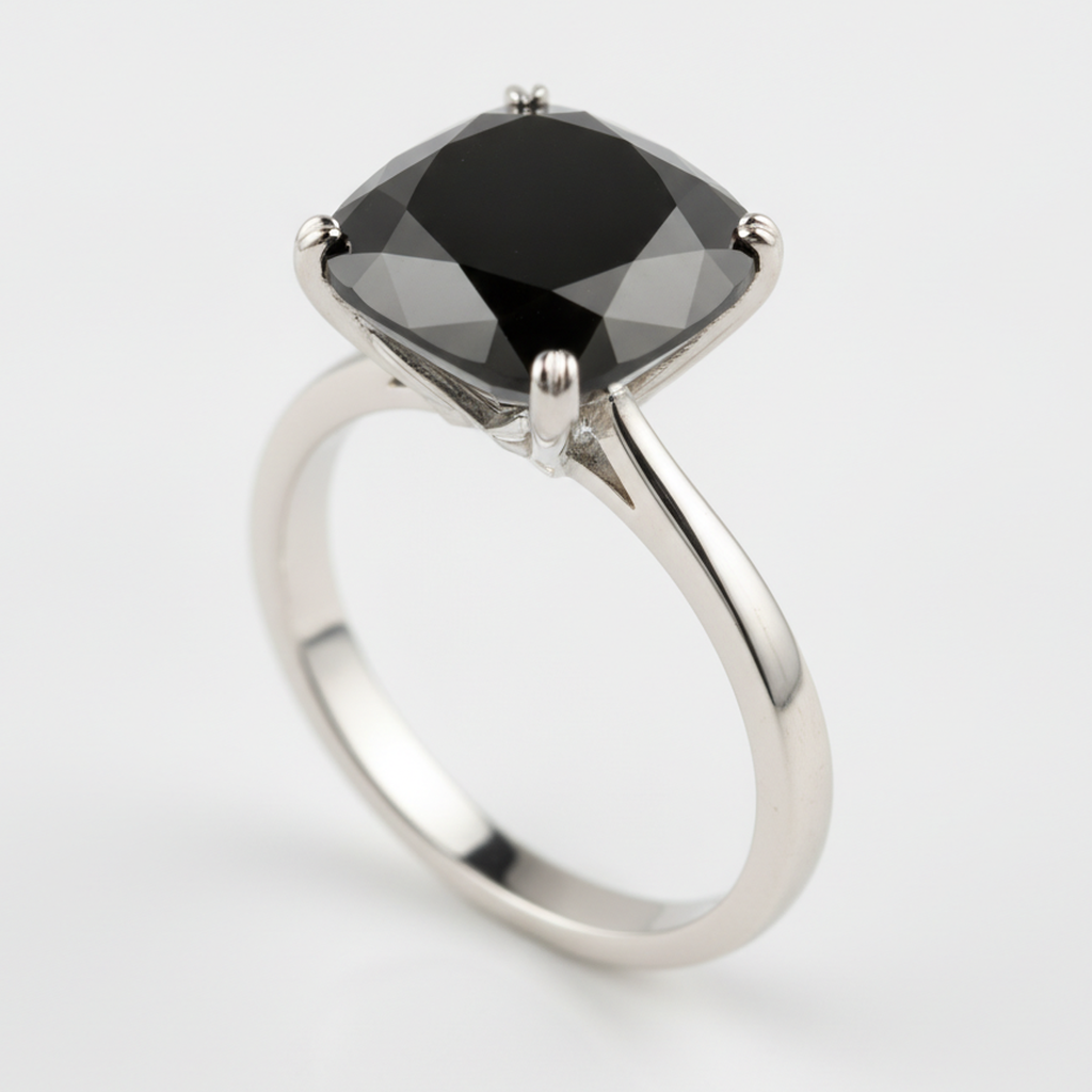 6 Carat Cushion Black Diamond Solitaire Ring Natural 14K White Gold