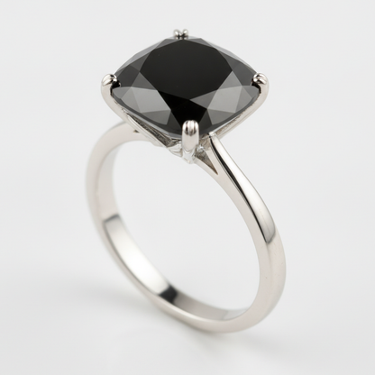 6 Carat Cushion Black Diamond Solitaire Ring Natural 14K White Gold