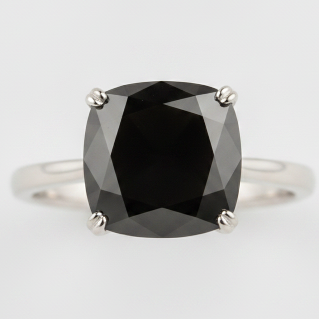 6 Carat Cushion Black Diamond Solitaire Ring Natural 14K White Gold
