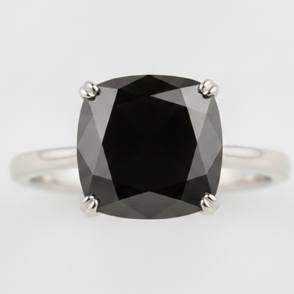 6 Carat Cushion Black Diamond Solitaire Ring Natural 14K White Gold