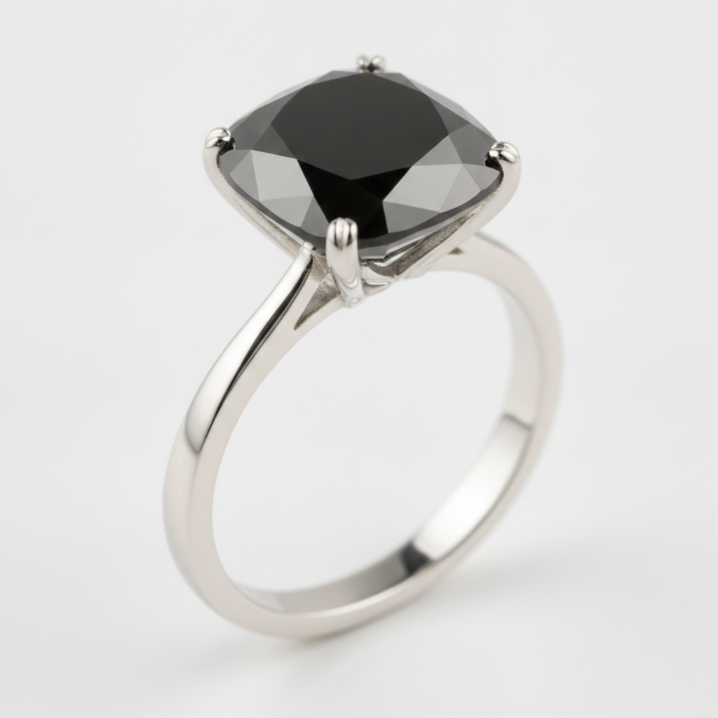 6 Carat Cushion Black Diamond Solitaire Ring Natural 14K White Gold