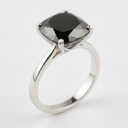 6 Carat Cushion Black Diamond Solitaire Ring Natural 14K White Gold
