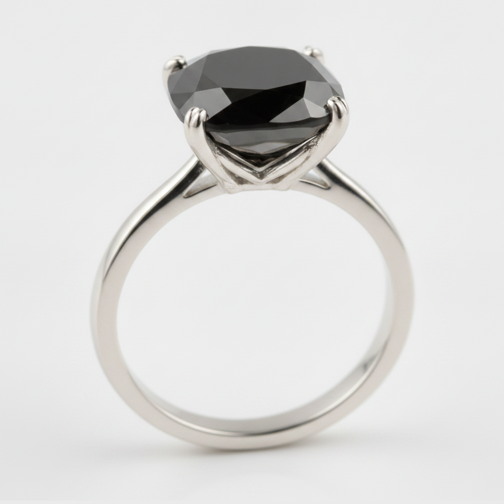 6 Carat Cushion Black Diamond Solitaire Ring Natural 14K White Gold