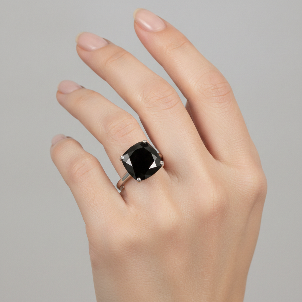6 Carat Cushion Black Diamond Solitaire Ring Natural 14K White Gold