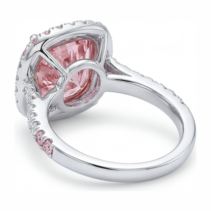 6 Carat Cushion Pink Lab Grown Diamond and White Diamond Double Halo Ring 14K White Gold