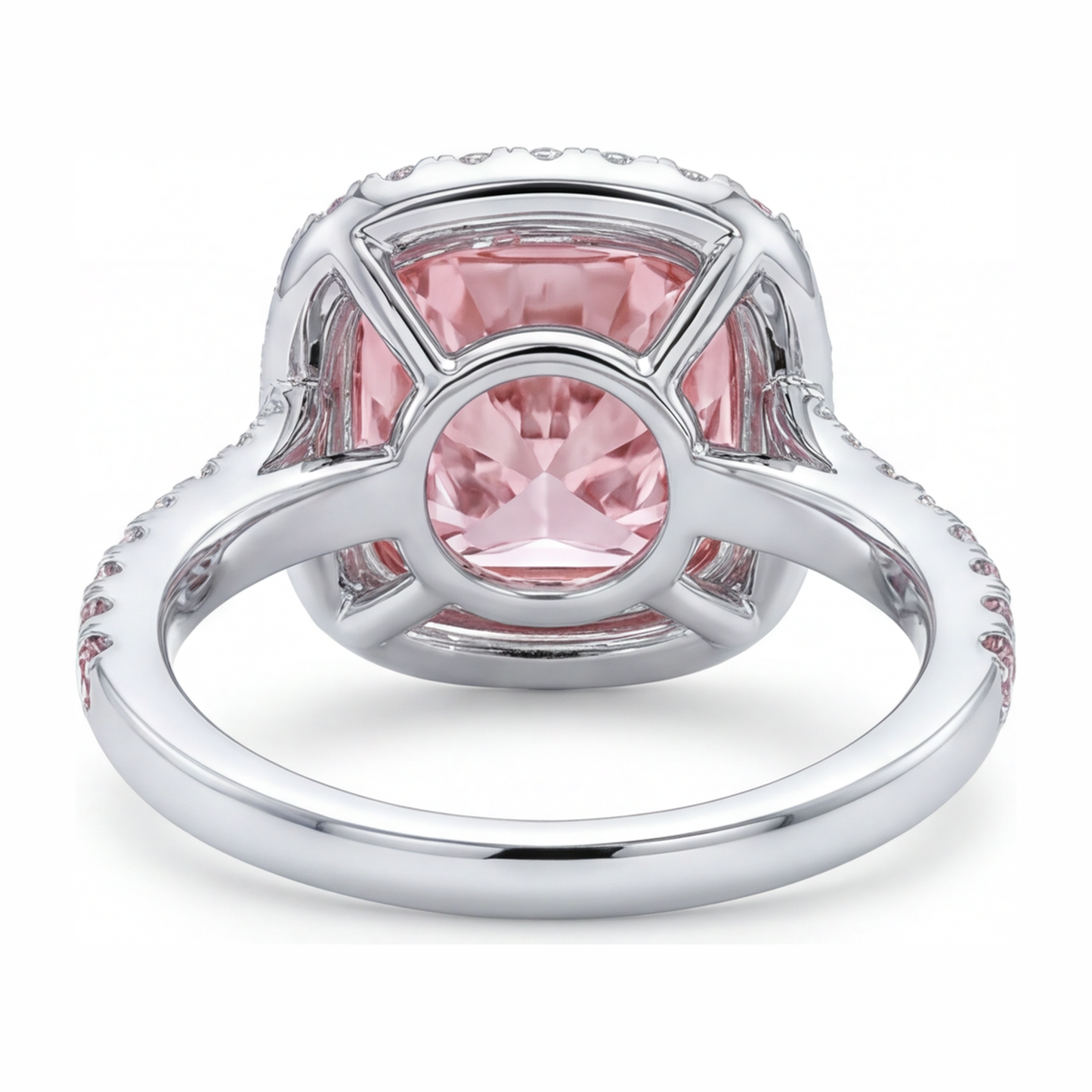 6 Carat Cushion Pink Lab Grown Diamond and White Diamond Double Halo Ring 14K White Gold